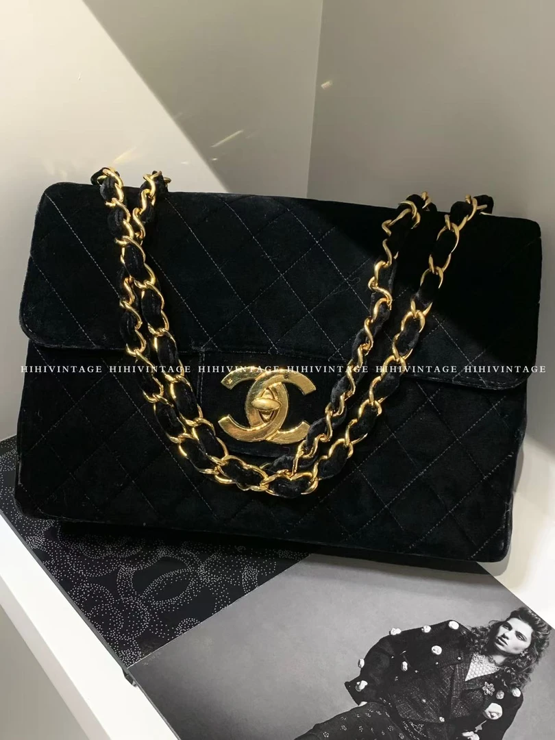 99新 Chanel/香奈儿 HIHI中古黑金丝绒贝嫂斜挎包/15140556