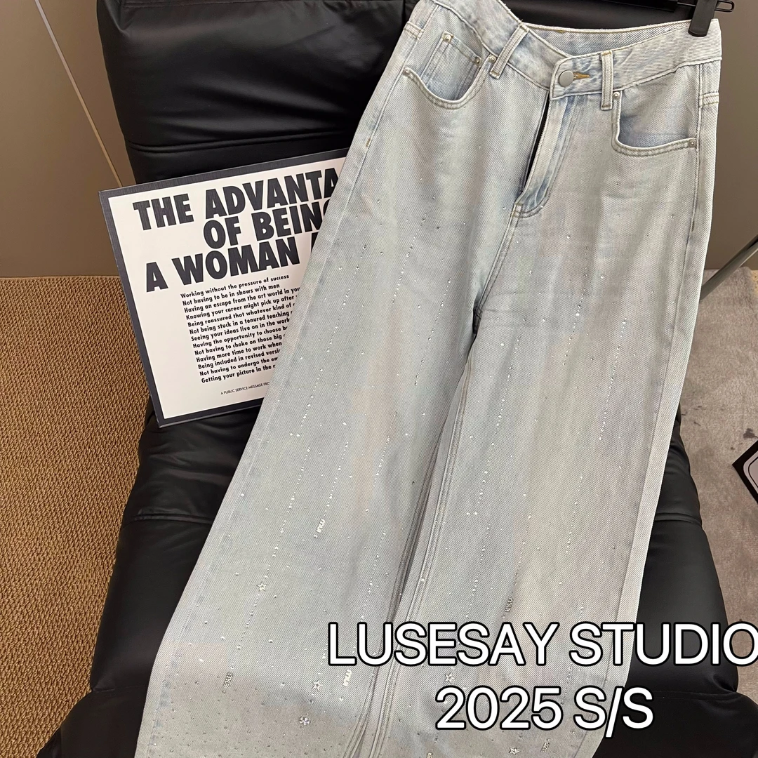 2025夏季新款钻钻阔腿牛仔裤女高腰复古显瘦百搭直筒长裤子