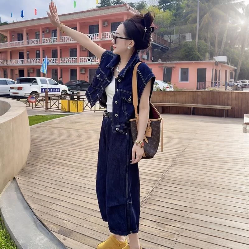 港风时尚牛仔套装女2025夏新款宽松显瘦短袖马甲上衣哈伦裤两件套
