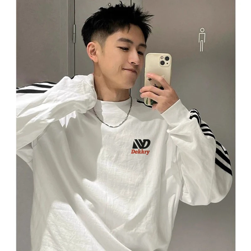 vibe简约小众字母印花三条杠长袖男秋季潮牌百搭宽松重磅纯棉上衣