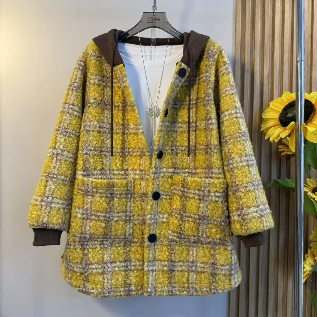 大码女装秋冬新款时尚外套女韩版洋气连帽格子拼接撞色夹棉上衣潮