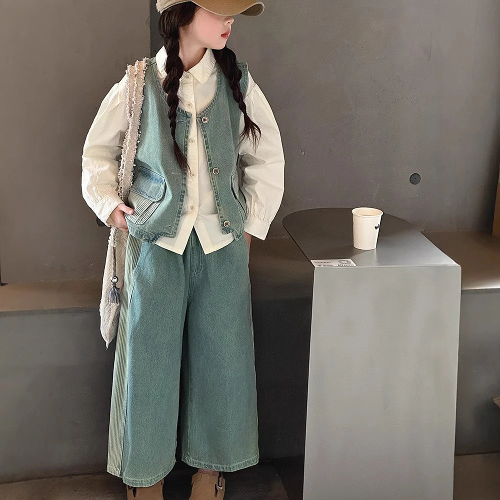 女童春秋套装2025新款洋气韩版儿童长袖七分裤马甲牛仔三件套潮款