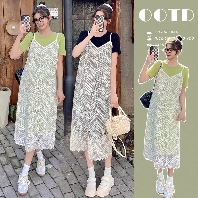 【Miaomiao】孕妇连衣裙夏季时尚宽松短袖裙蕾丝吊带裙小清新两件套