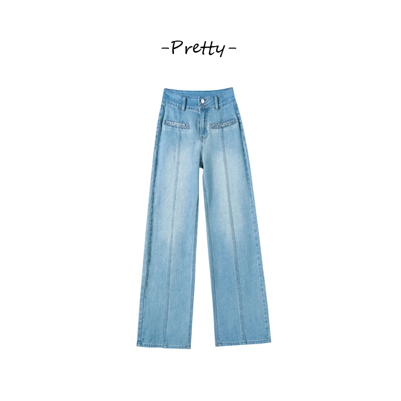 设计感高腰烫钻阔腿牛仔裤女宽松修身直筒时尚休闲牛仔裤