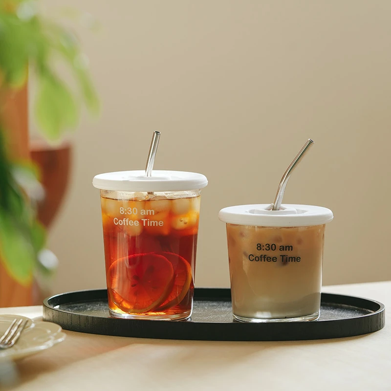 肆月漫时吸管杯高颜值透明玻璃杯家用办公室咖啡杯大容量喝水杯子