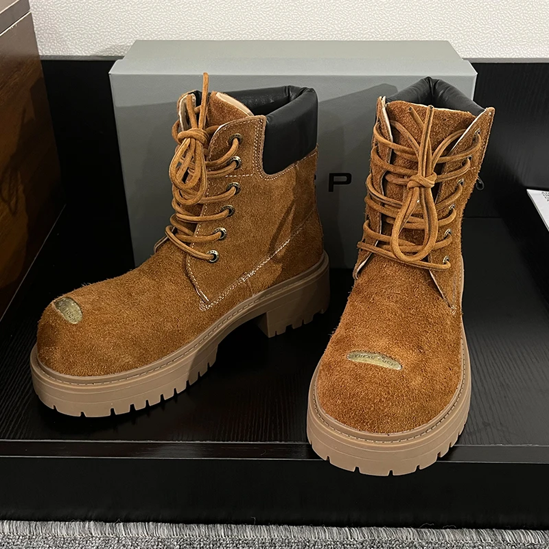 厚底沙漠靴男女同款中帮复古风男士圆头大黄靴潮马丁靴系带工装靴