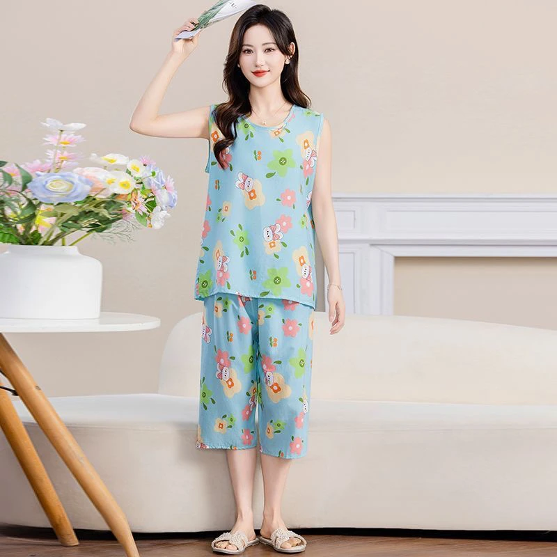 2025新款棉绸睡衣套装女夏季妈妈薄款无袖背心七分裤人造棉家居服