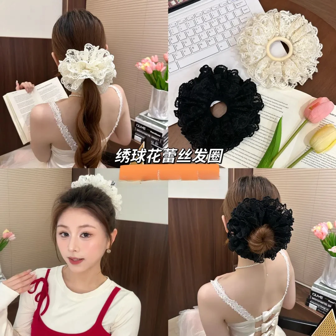 D绣球花褶皱发圈～很大一个！新款超重工蕾丝双层裙摆甜妹韩女发圈