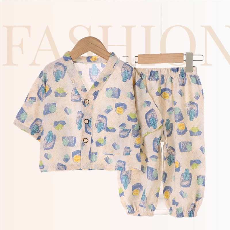 空调房男棉绸套装家居服薄款衣服男宝睡衣夏季女宝宝儿童婴儿卡通