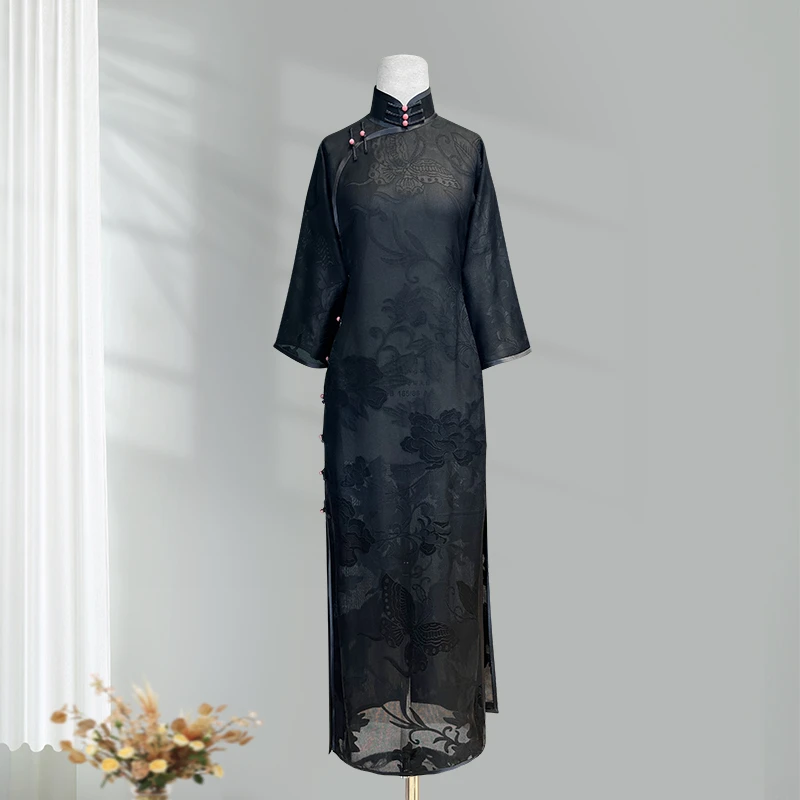 月下微凉25718淡墨25姆米全孔罗香云纱无省修身八分直袖长旗袍