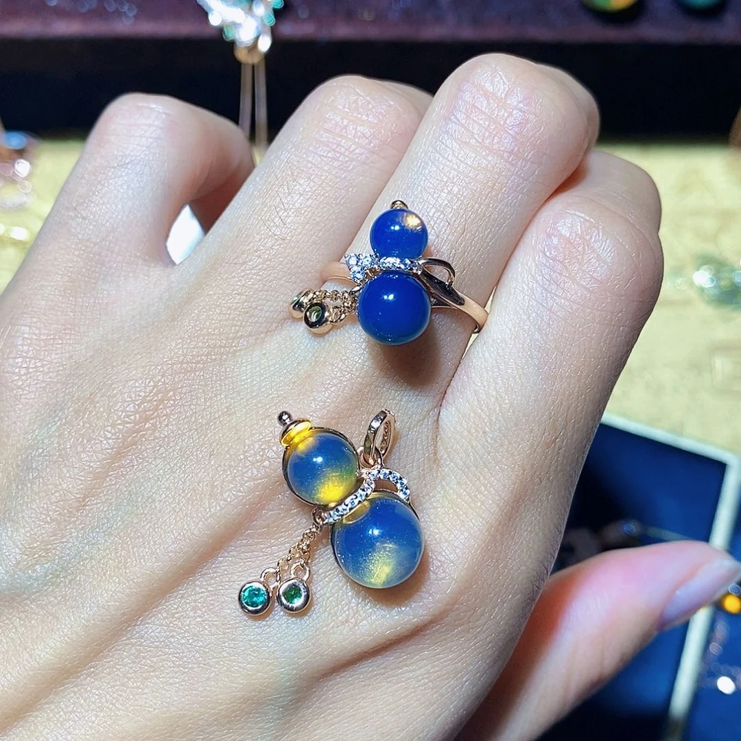 南***意银S925镀金镶嵌颈饰蓝珀高蓝净水葫芦戒指，葫芦吊坠