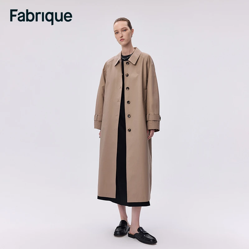 【达人专享】Fabrique新款灰棕翻领单排扣插肩袖法兰绒里布长款风衣