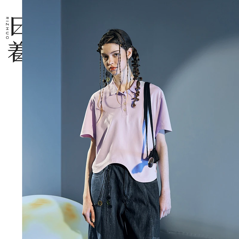日着原创2025年夏新款立领正肩不规则独特洋气短袖T恤RD2618T2