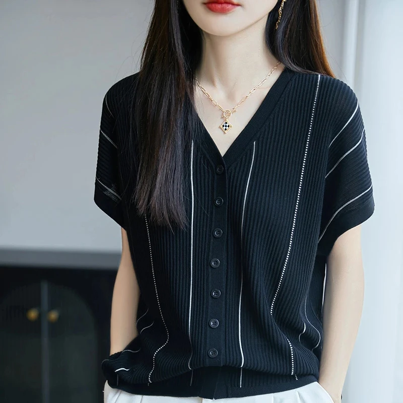 100%莱赛尔天丝竖条纹短袖时尚百搭V领宽松上衣005/AD