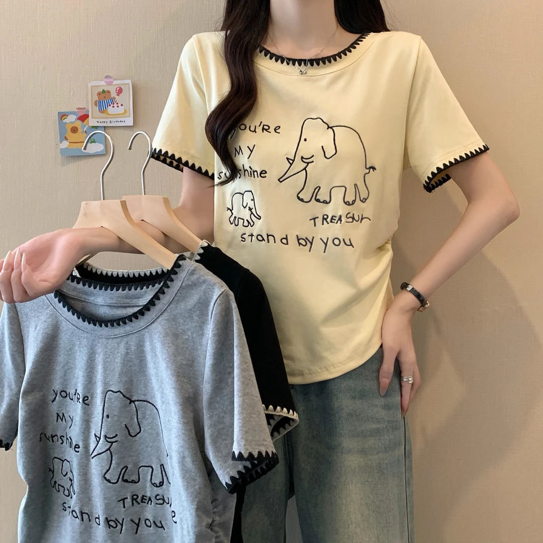 【wy】2025年大码女装夏季新款可爱小象刺绣撞色圆领T恤3272