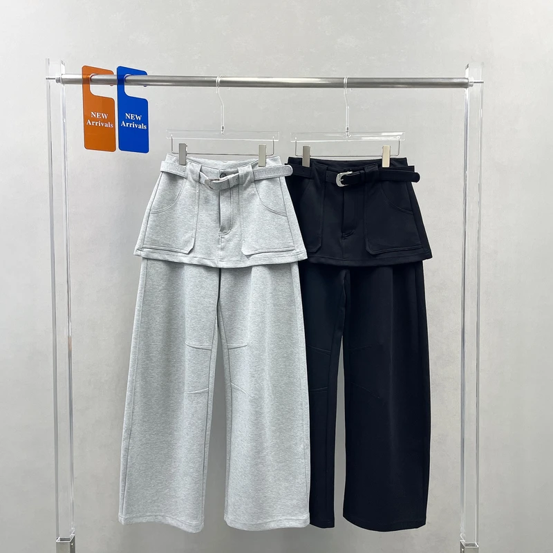假两件双层拼接休闲裤女裙裤春季新款设计感弯刀卫裤女长裤BK710