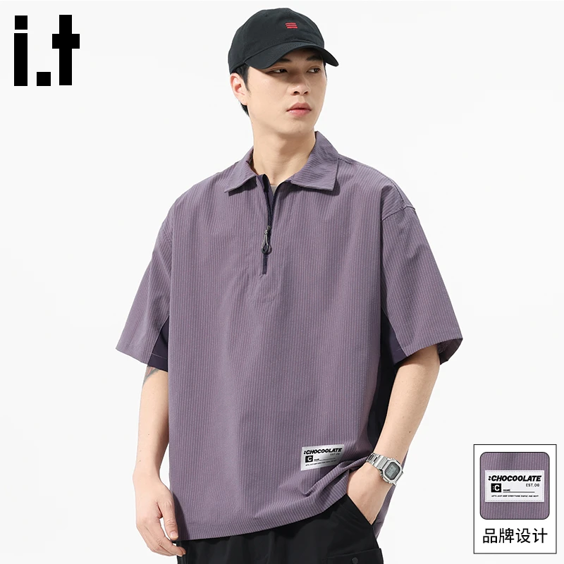 it:CHOCOOLATE半拉链短袖POLO衫男夏季薄款高级感冰丝速干男士T恤