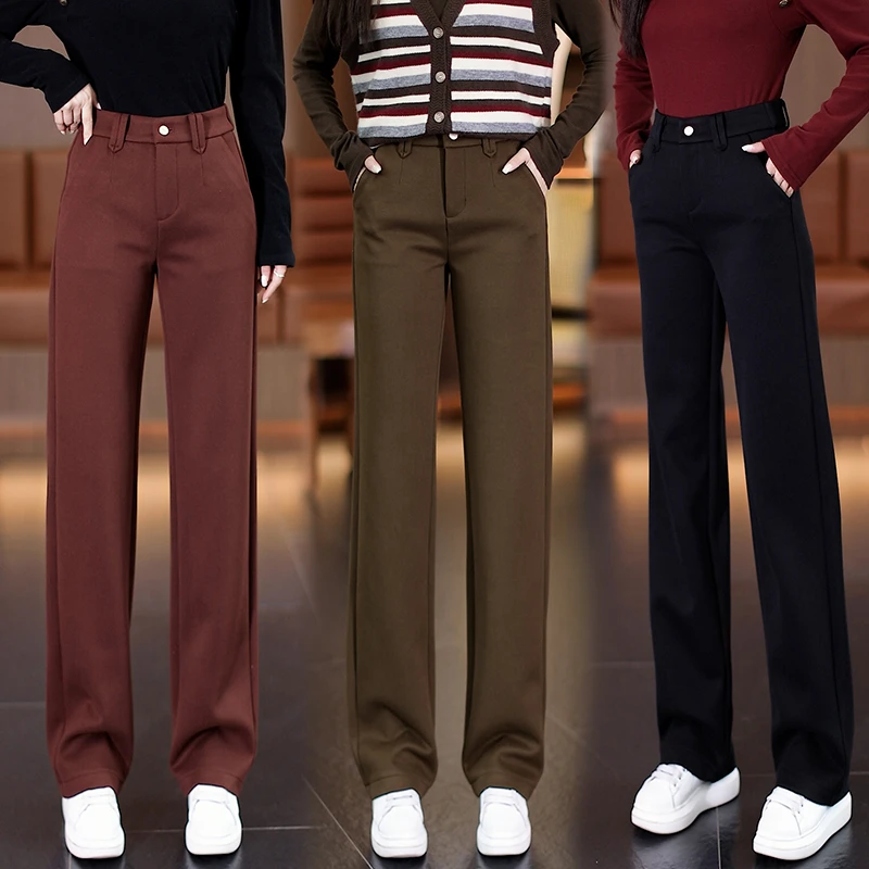 拉夏贝尔休闲阔腿裤2025秋冬新款高腰显瘦直筒加厚窄版阔腿裤