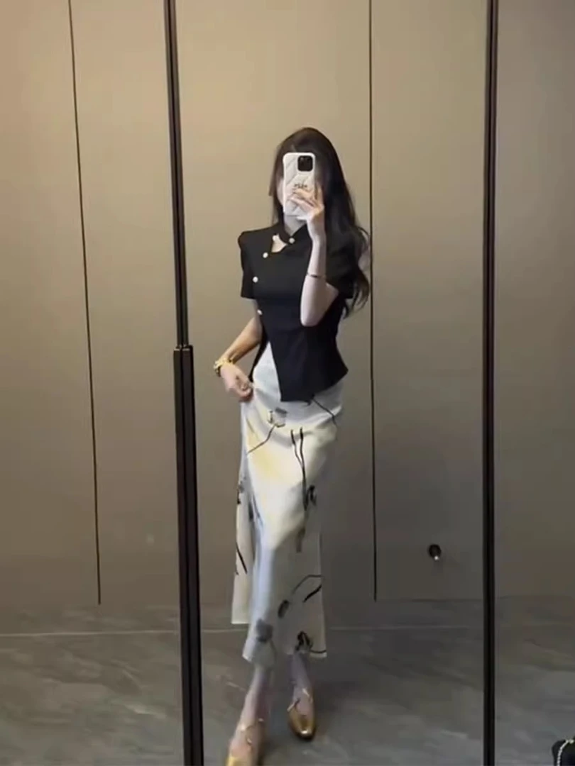 新中式裙套装夏季不规则设计短袖上衣高腰玫瑰印花半身裙女两件套