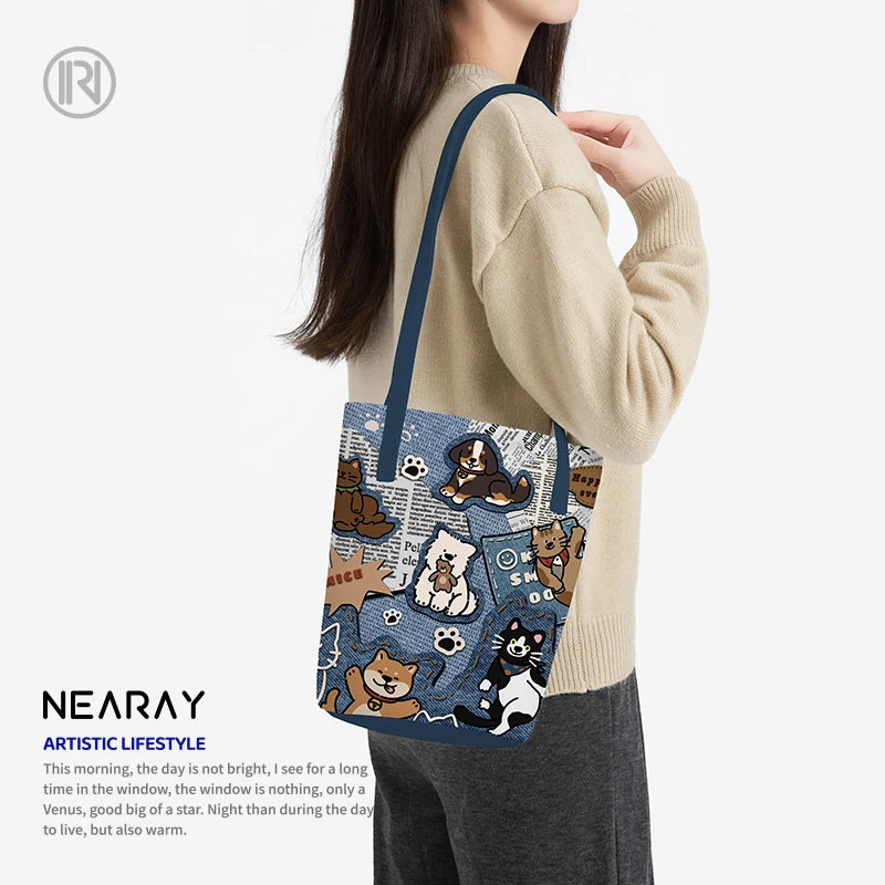 x小狗的快乐世界 原创新款牛仔印花帆布包时尚潮流单肩水桶包