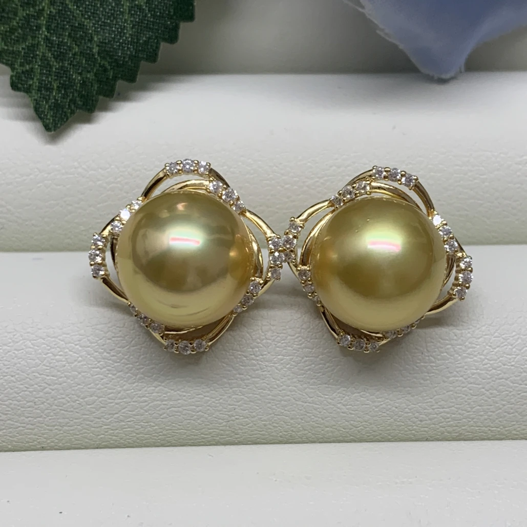 天然海水珍珠南洋金珠浓金耳饰11-12mm贵气时尚