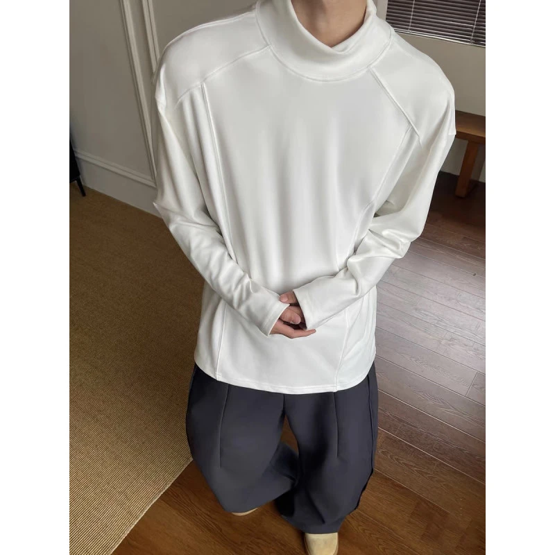 半高领解构德绒打底衫男秋冬加绒美式潮牌慵懒风白色内搭长袖t恤