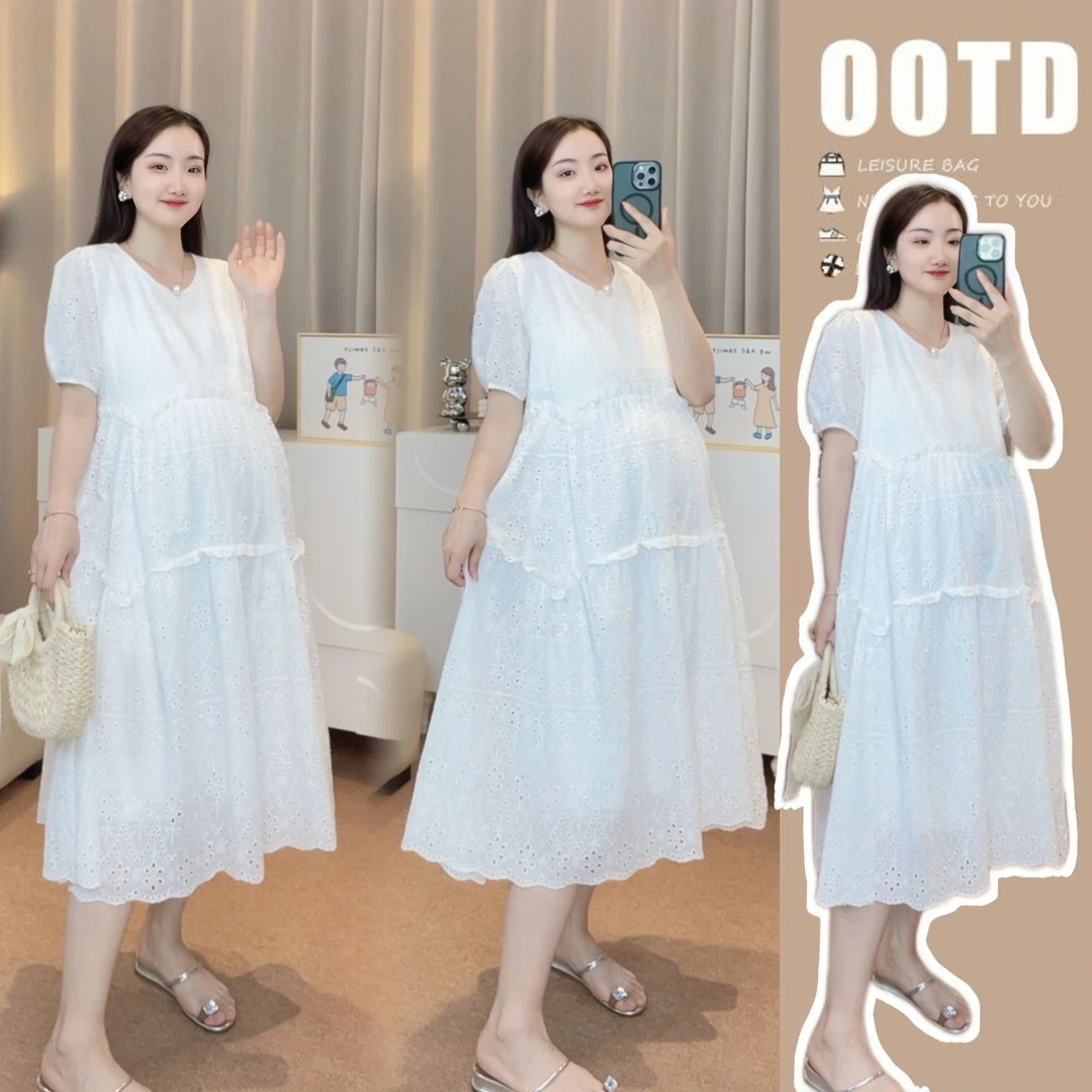 【橙子】孕妇装2025新款爆款洋气法式镂空提花泡泡袖孕妇夏款连衣裙