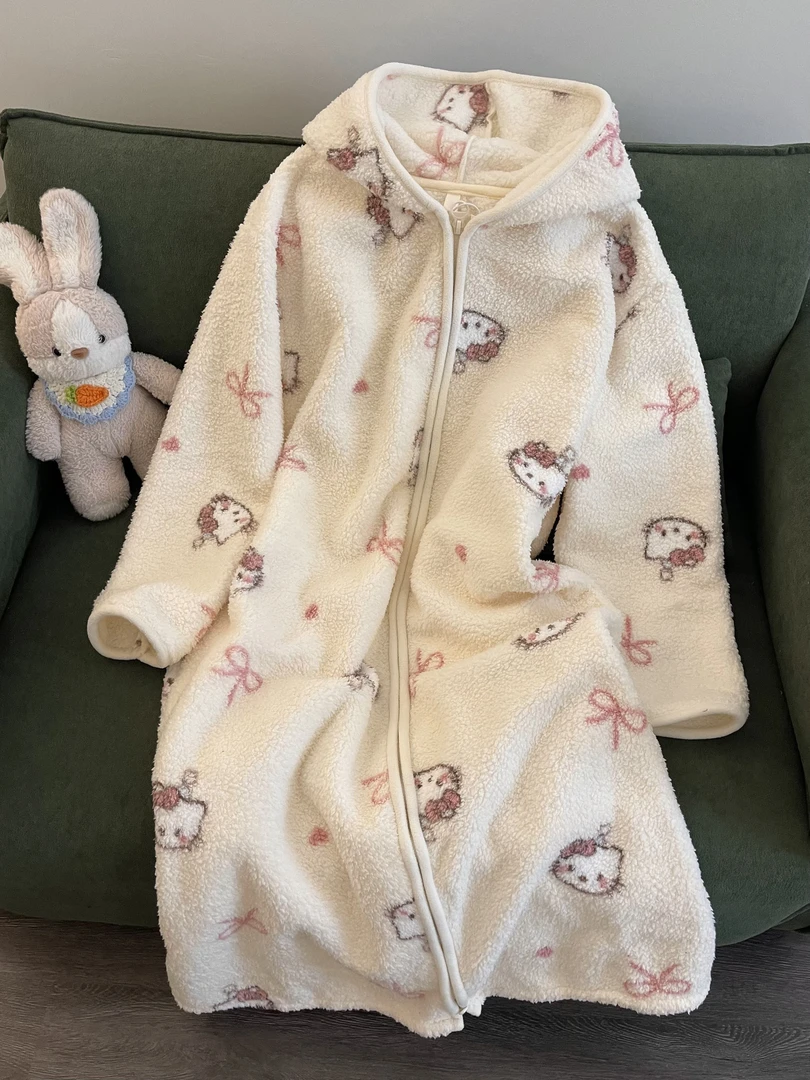 【DMXJ大梦想家】软萌可爱凯蒂猫连帽珊瑚绒睡袍女冬加厚睡裙家居服