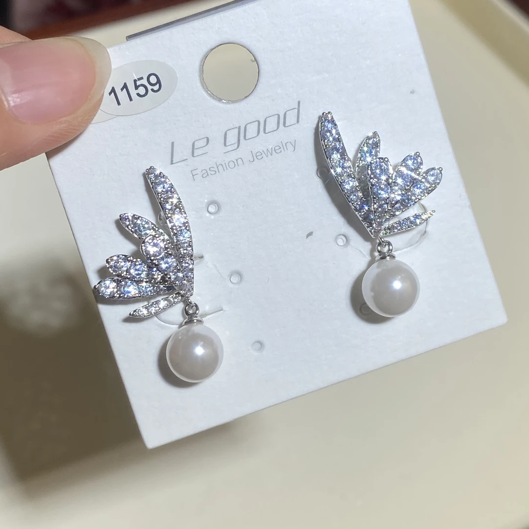 铜合金耳饰 2740-0138新款羽翼锆石珍珠吊坠新娘婚纱礼服耳夹