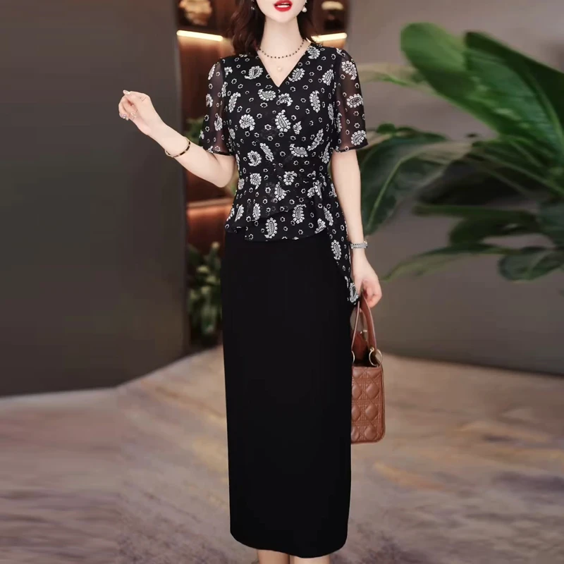 法式高档气质优雅假两件碎花连衣裙2025夏季新款修身显瘦中长裙子