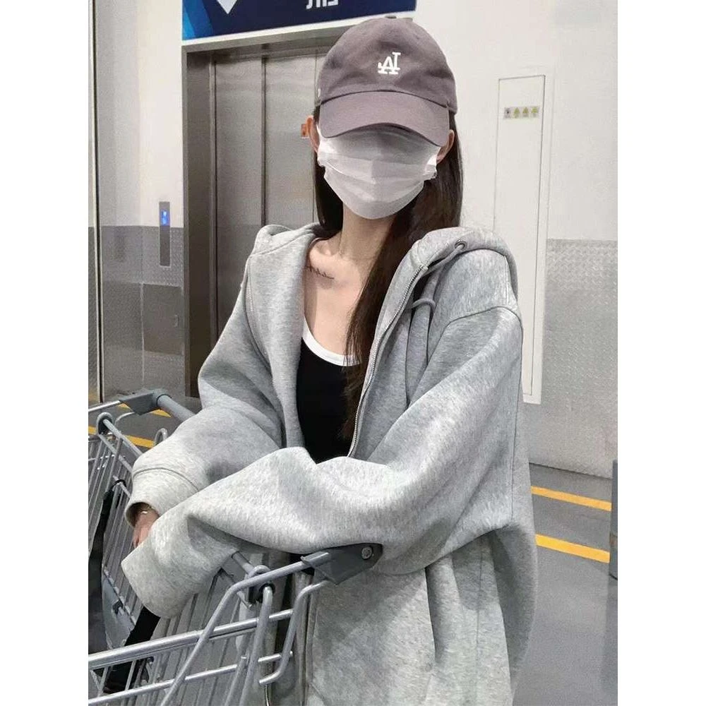 FAVMARTHA灰色连帽卫衣女春秋季2025新款早秋外套韩系慵懒风小个