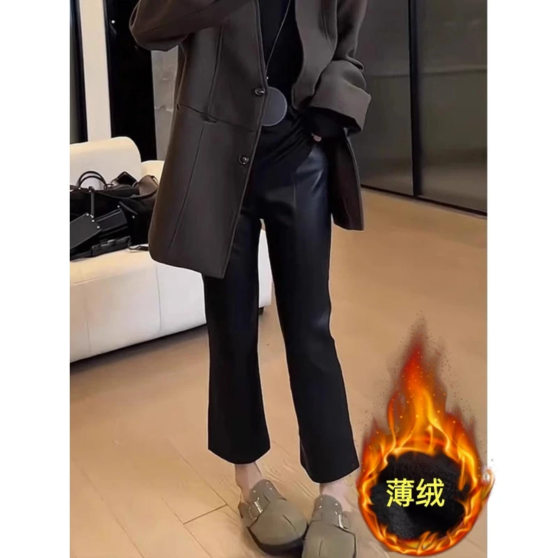 黑色九分皮裤女高腰显瘦大码加绒秋季新款爆款小个子百搭阔腿裤子