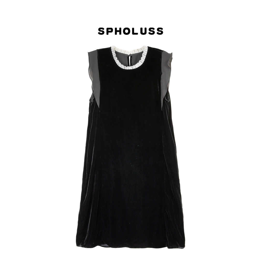 【丝芙玉禄】（K452）重磅100%真丝丝绒重工拼接花边丝丝绒连衣裙