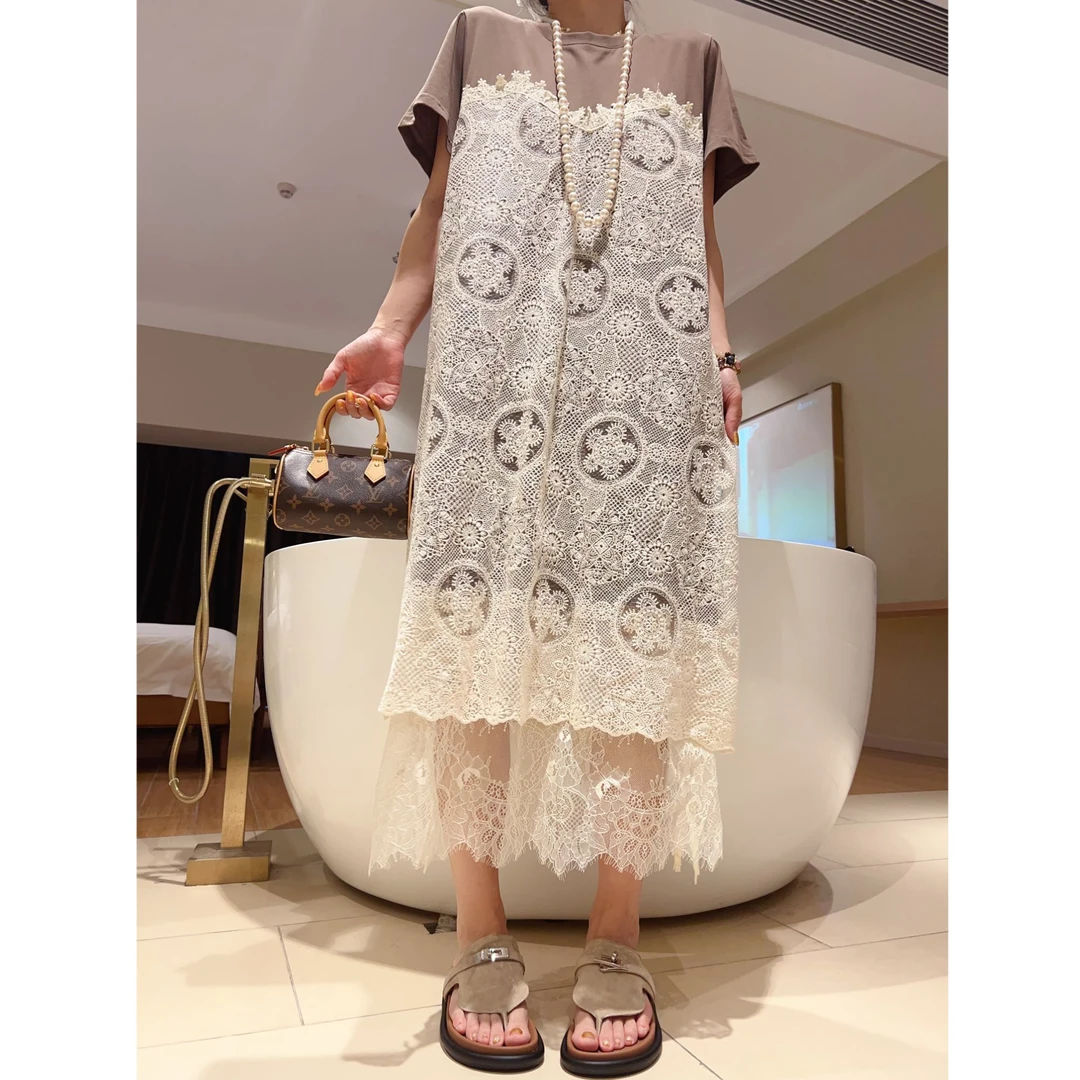 东大门韩系短袖显瘦连衣裙女夏季新款宽松百搭拼接蕾丝直筒T恤裙