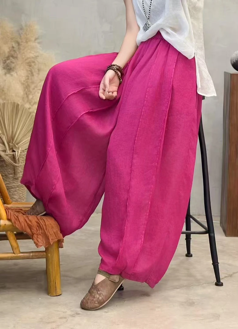 高档纯色苎麻双层灯笼阔腿裤女薄款2024新款女士宽松百搭休闲裤