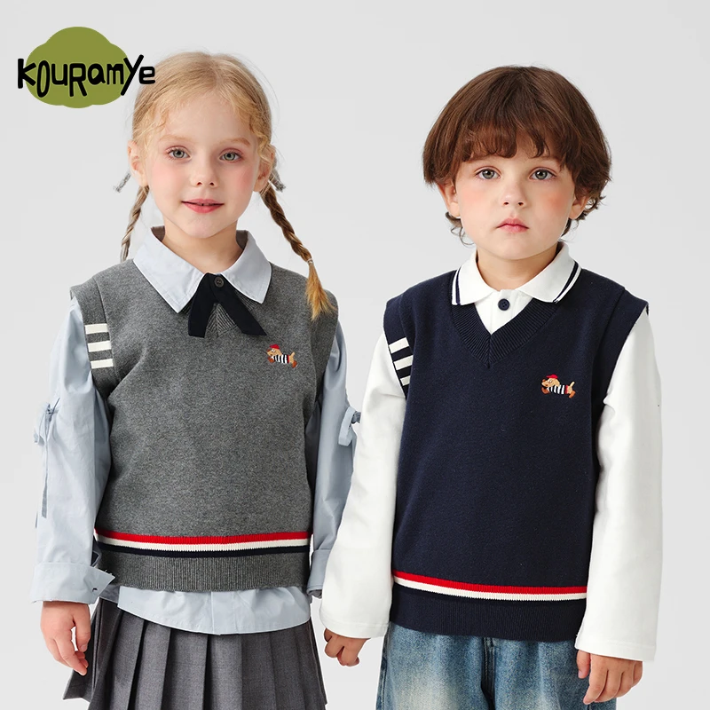 酷娃米2025秋季新款儿童毛衣中小男女童学院风刺绣小狗背心1481
