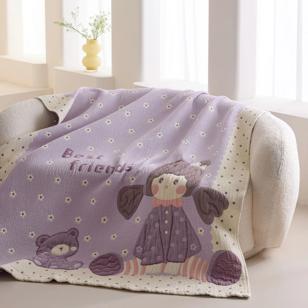 【MJ】全棉色织皱皱纱盖毯可机洗被子卡通纯棉被芯多功能床盖