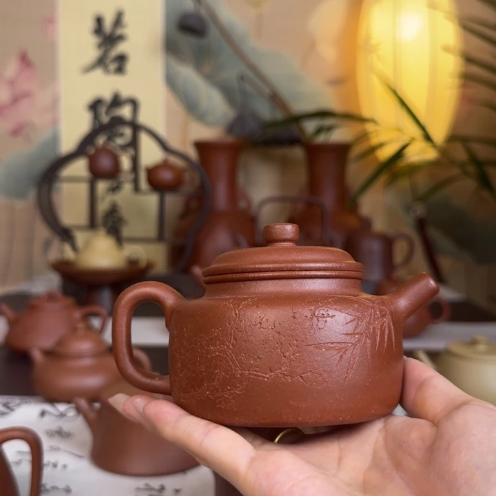 叁***三茶壶紫砂原矿红降坡徳中刻绘全手工