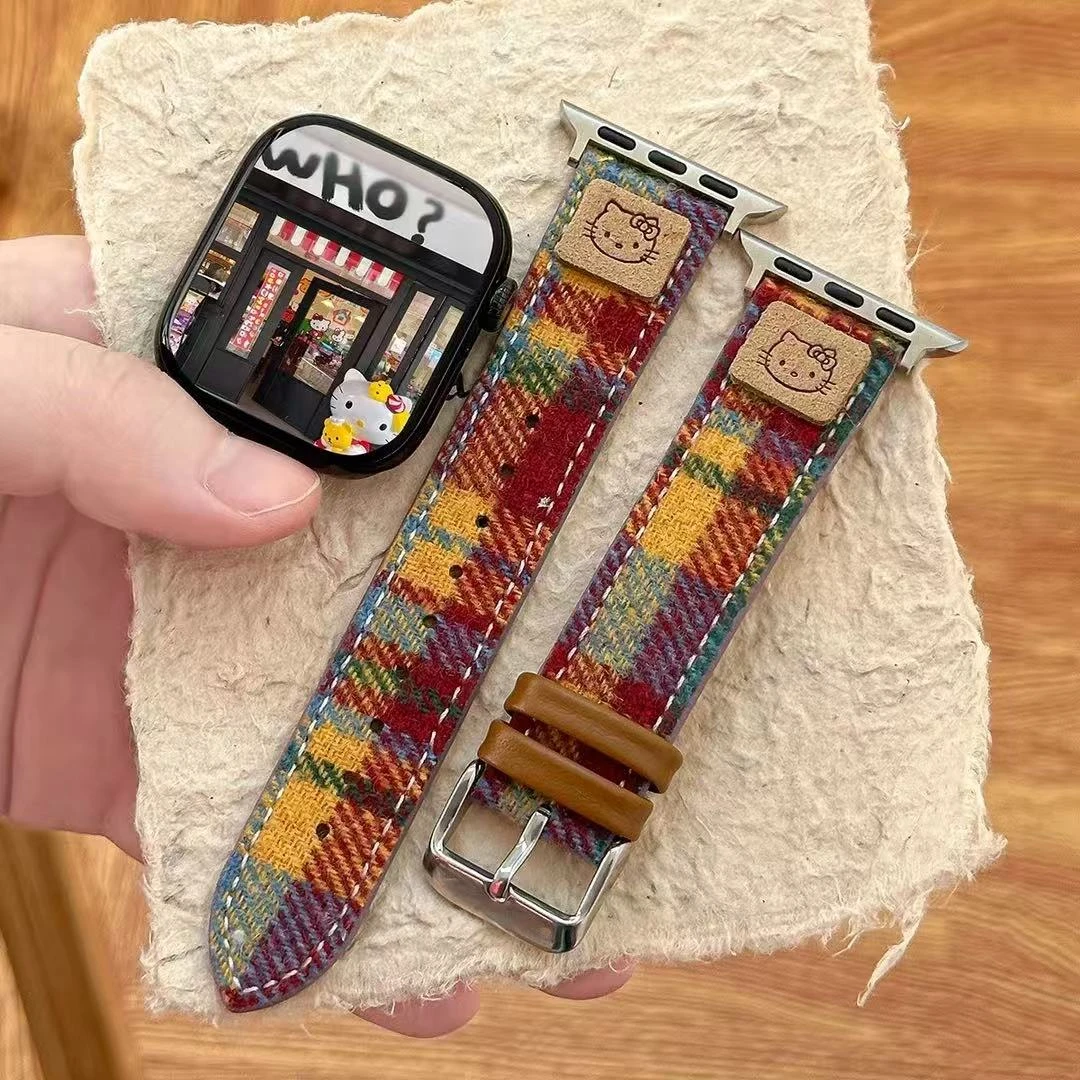 适用applewatchS10彩虹KT猫皮表带S11毛呢彩色韩系格纹S9小众腕带