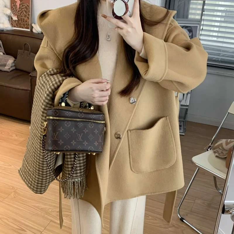 驼色双面羊绒大衣女小个子短款连帽高级感双面绒气质羊毛毛呢外套