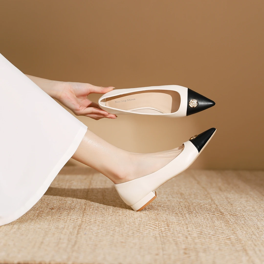 2024气质新款低姿典雅女士商务出行百搭金珠拼色精致椭圆款高跟鞋