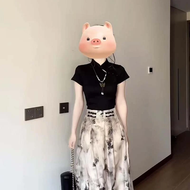 Y【两件套】新中式国风夏季旗袍式上衣半身裙子两件套D2104