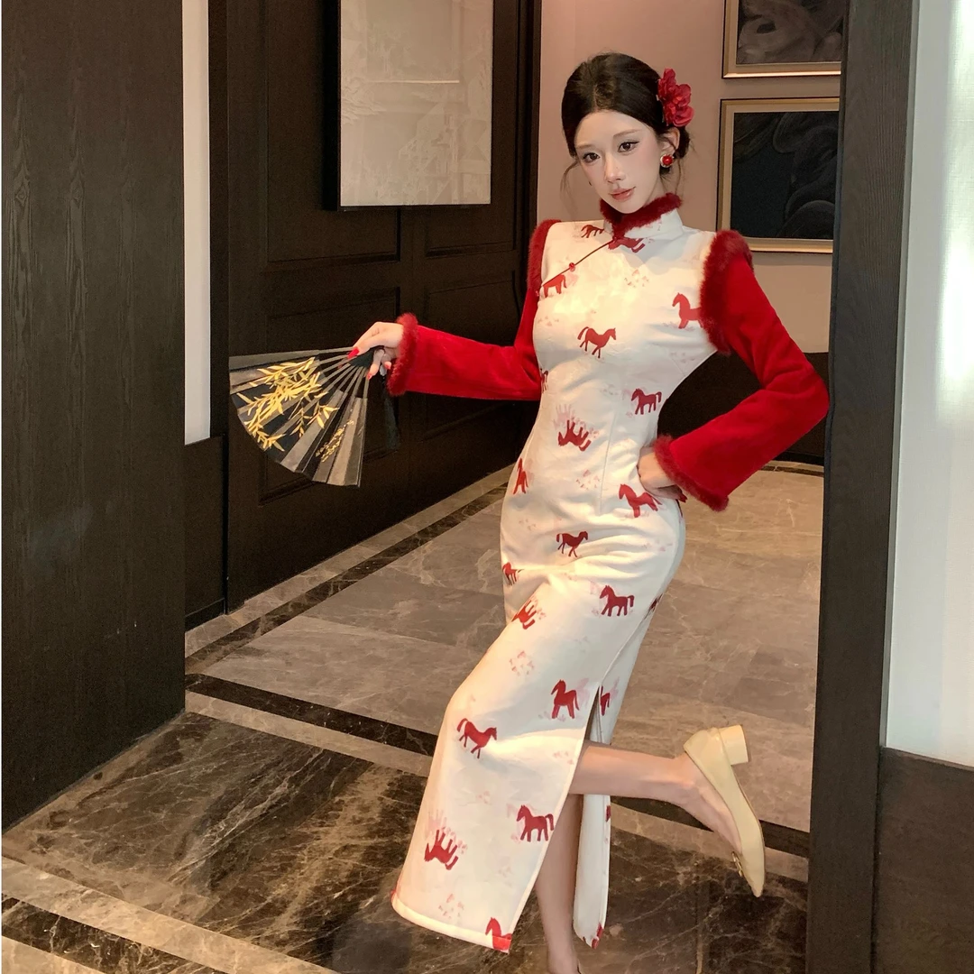 【小绿萝服饰】骏雪 骏马奔腾冬季加绒加厚修身显瘦日常少女旗袍