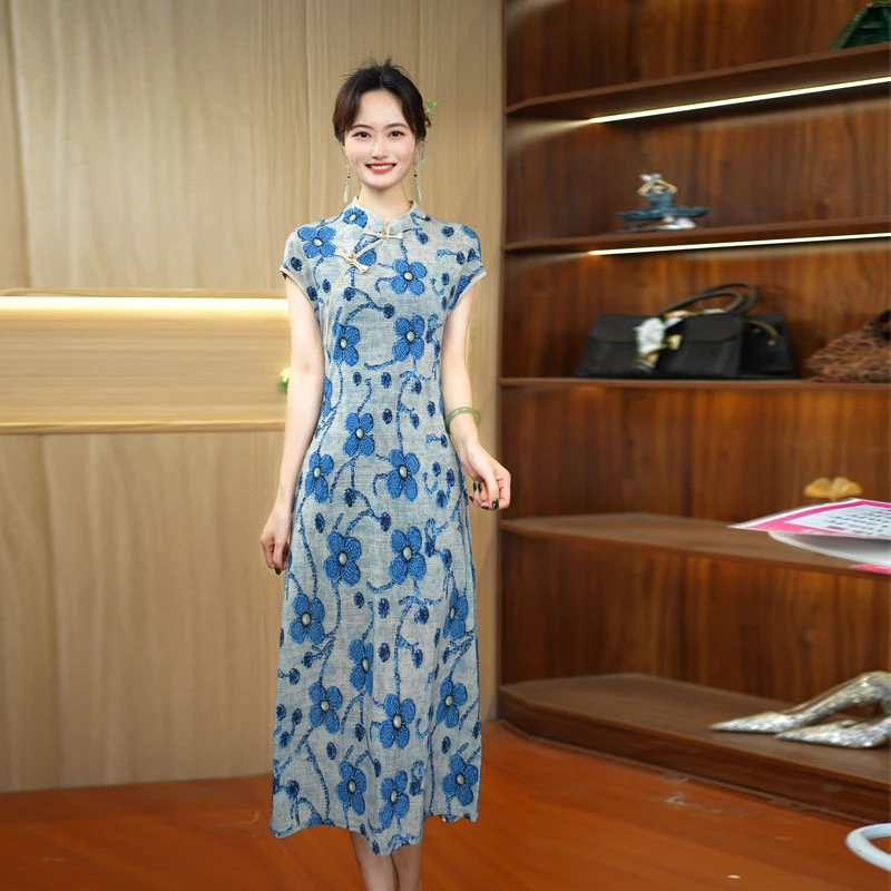 A-271夏季新款旗袍裙子冰感气质满天星系带显瘦碎花改良旗袍裙