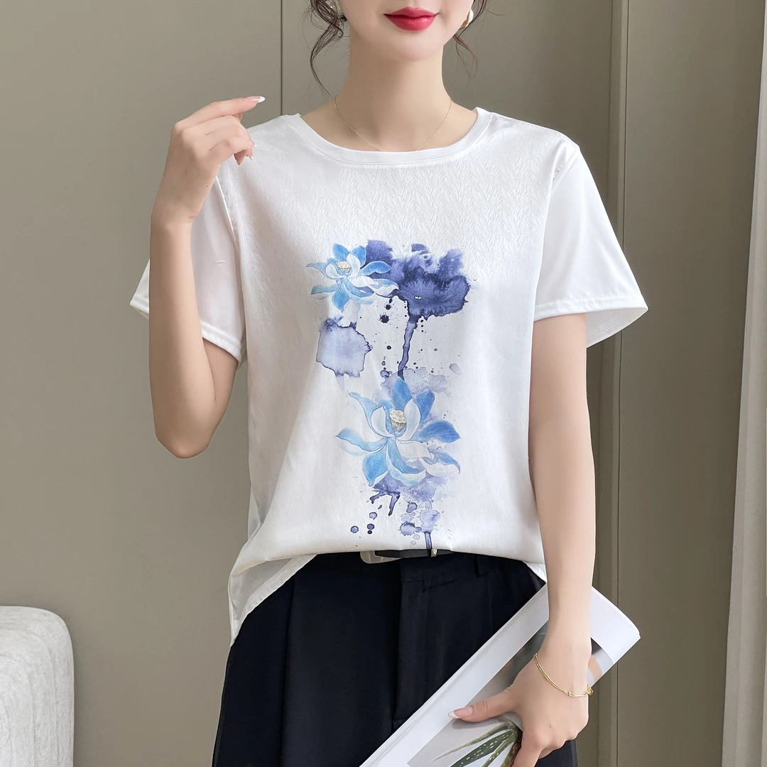 1428夏季丝滑缎面冰凉感女半袖T恤洋气AB拼接短袖