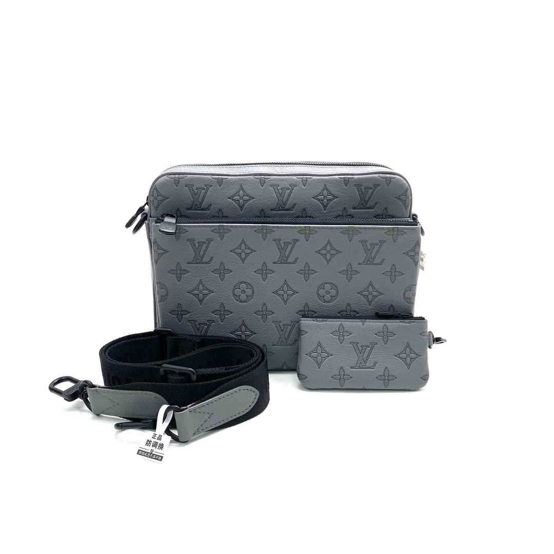 99新 LouisVuitton/路易威登 灰色全皮压花三合一邮差包 尺25/18