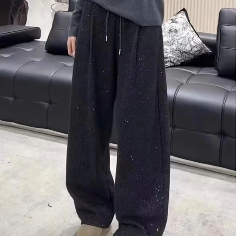 (银河裤)日韩系百搭加厚阔腿裤女春款休闲女高腰抽绳显瘦弯刀裤