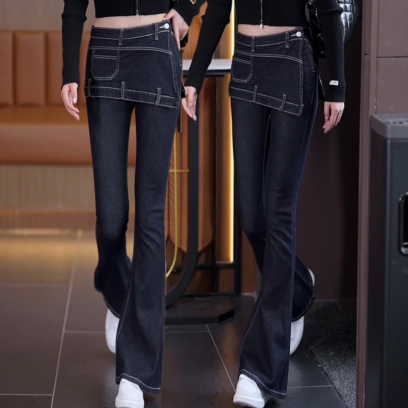 高腰美式辣妹修身弹力微喇叭牛仔裤大码2025春秋新款假两件长裤