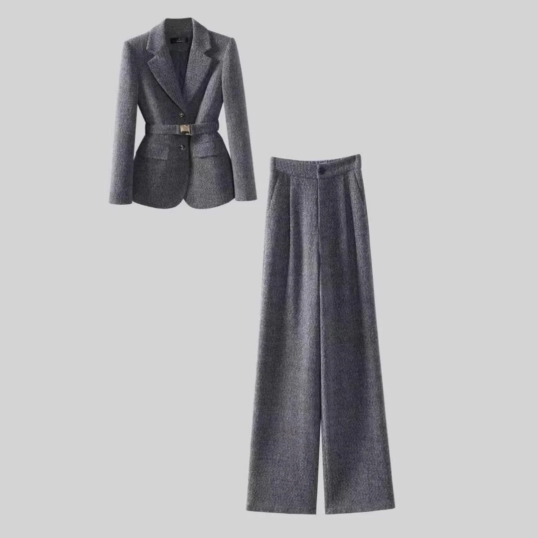 【纪朵研】1566复古港风休闲风时尚套装秋冬高腰灰色显瘦阔腿裤套装