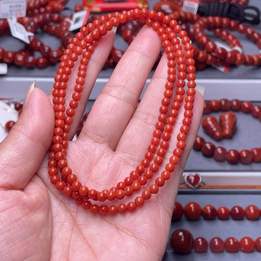 南红玛瑙未镶嵌配珠4.1mm瓦西柿子红多圈手串